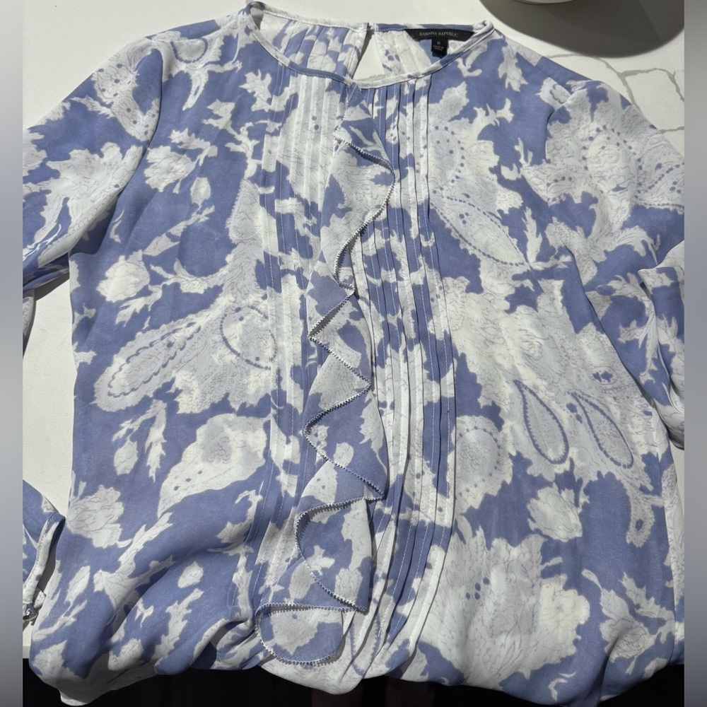 Banana Republic Lavender and White Paisley Ruffle Blouse